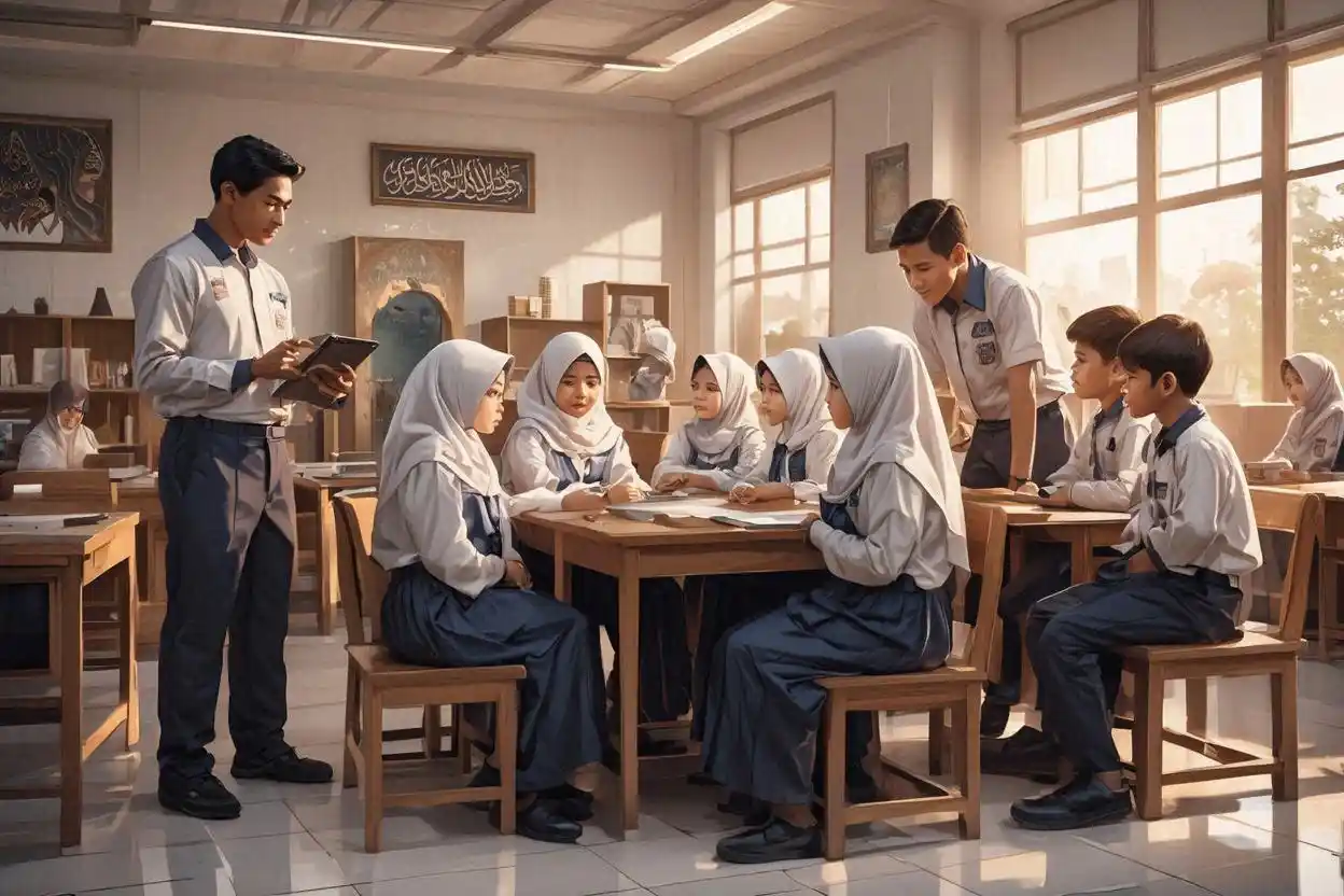 Kegiatan belajar siswa SMP Al Khairaat Yogyakarta dengan suasana kelas Islami dan guru membimbing siswa.