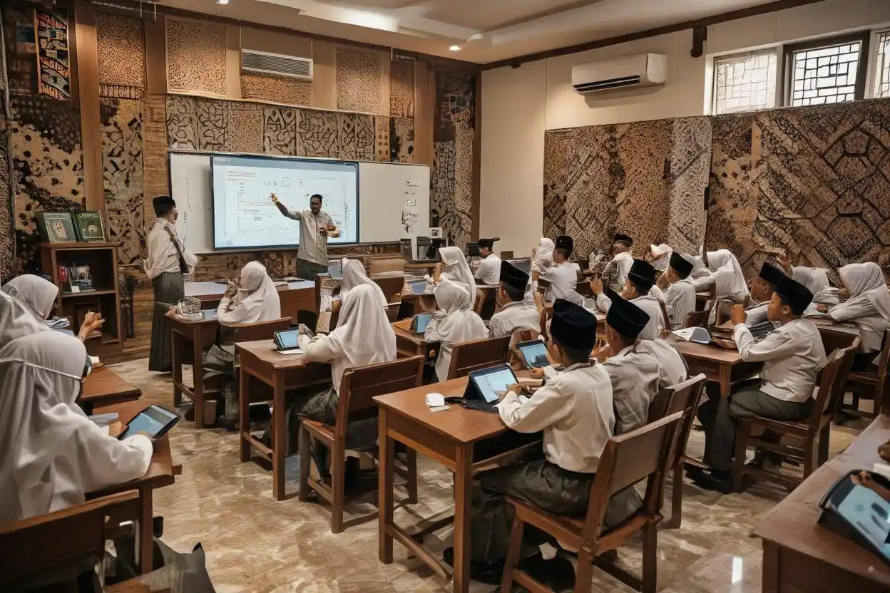 Ilustrasi siswa SMP Islam unggul akademik di Yogyakarta sedang belajar di kelas dengan guru dan suasana pendidikan islami modern
